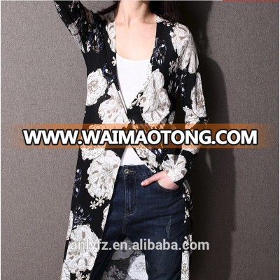 2017 spring flower pattern single-breasted long sleeve knitted women cardigan