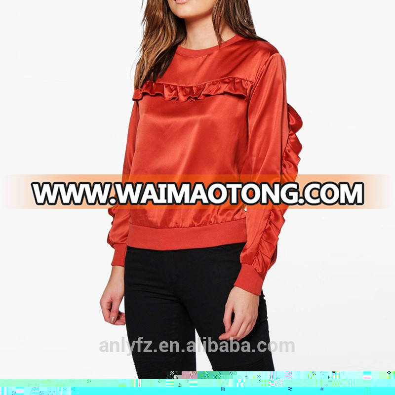 Factory price wholesale latest stylish ruffle front satin oversized custom sweatshirt women