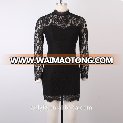 2016 latest design long sleeve high neck lace black evening dresses online shopping